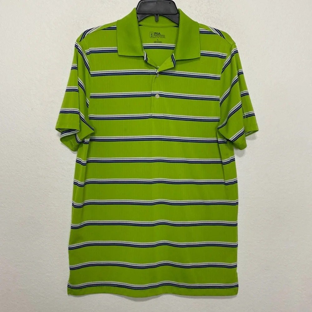 PGA Tour Pro Series Gorpcore Blue/Green Golf Athletic Fit Striped Polo Shirt L